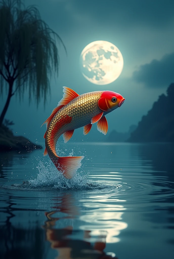 8k wallpaper, masterpiece, Cinema Lighting, Highest quality, figure, Elevation, ((A carp leaping to catch the moon))、