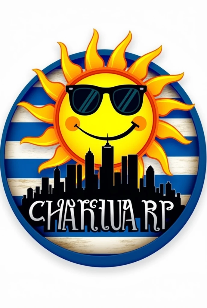 Create an image that is circular with a sun from the Uruguayan flag, a background with blue and white stripes with a city behind that says Charrua RP, the part of the city that is shaped like buildings in black Charrua RP, that the images are in a circle and the sun with a smile winking with glasses on 