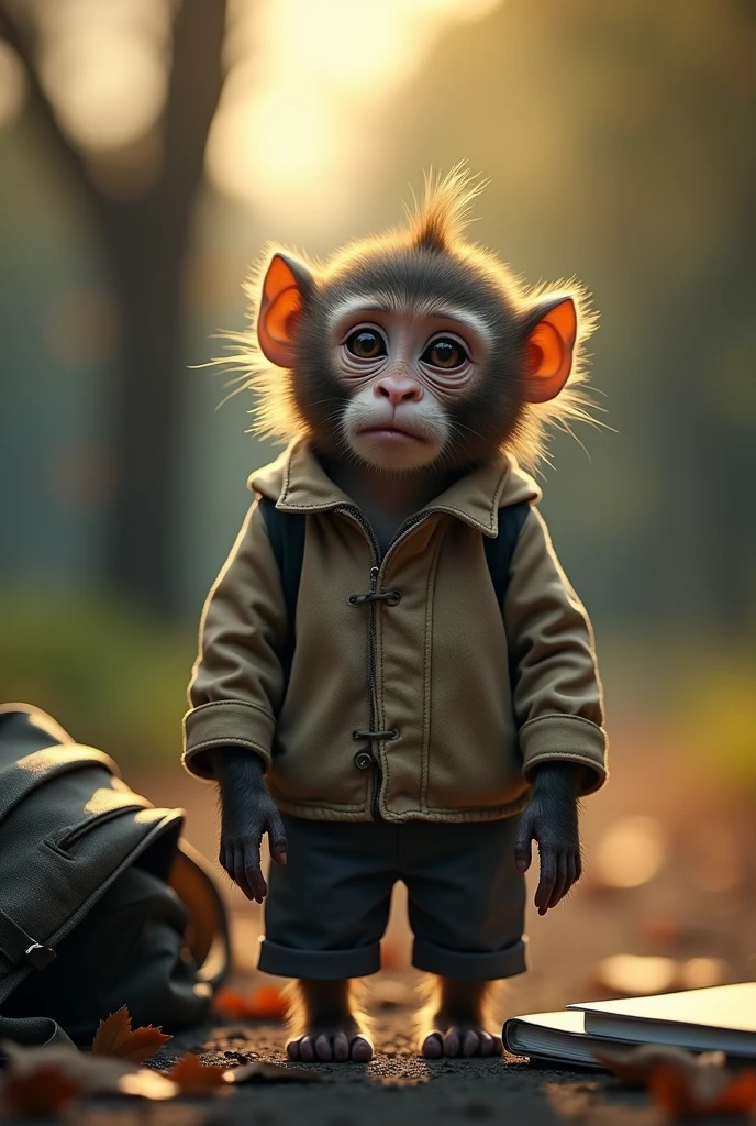 Little monkey despair wearing student clothes looking at the front, full picture, realistic fine details