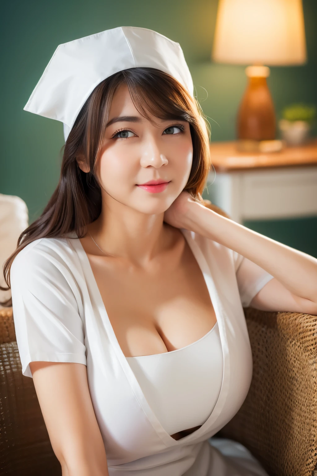 sitting on chair, (white nurse outfit : 1.3), white skirt, (white nurse hat), looking at camera, front view, long hair, bangs, (detailed face), at livingroom, tempting pose, potrait body, mouth closed, light smile, black eyes, 1 girl, 20yo,Young female,Beautiful Finger,Beautiful long legs,Beautiful body, Beautiful Nose,Beautiful character design, perfect eyes, perfect face,expressive eyes,perfect balance, (looking at viewer),extremely detailed CG unity 8k wallpaper, White skin, (masterpiece:1.0), (best_quality:1.0), ultra high res,4K,ultra-detailed, photography, 8K, HDR, highres, absurdres:1.2, Kodak portra 400, film grain, (vibrant_color:1.2),professional photograph, (Beautiful,huge_Breasts:1.4), (beautiful_face:1.5),(narrow_waist)