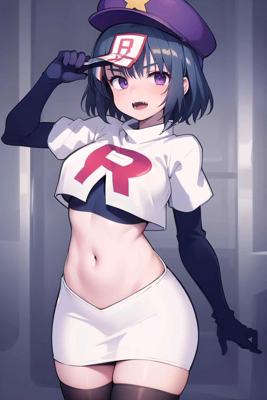best quality, (masterpiece:1.2), illustration, absurdres,
(1girl), (solo), (beautiful detailed girl),
Miyako Yoshika, (blue skin, purple skin:1.1), dark blue hair, purple eyes, medium breasts, zombie, jiangshi, undead
blue hat with a yellow star, ofuda on forehead, fangs, looking at viewer,
team rocket,team rocket uniform,white skirt,red letter R,crop top,black thigh-highs,black elbow gloves, cowboy shot,