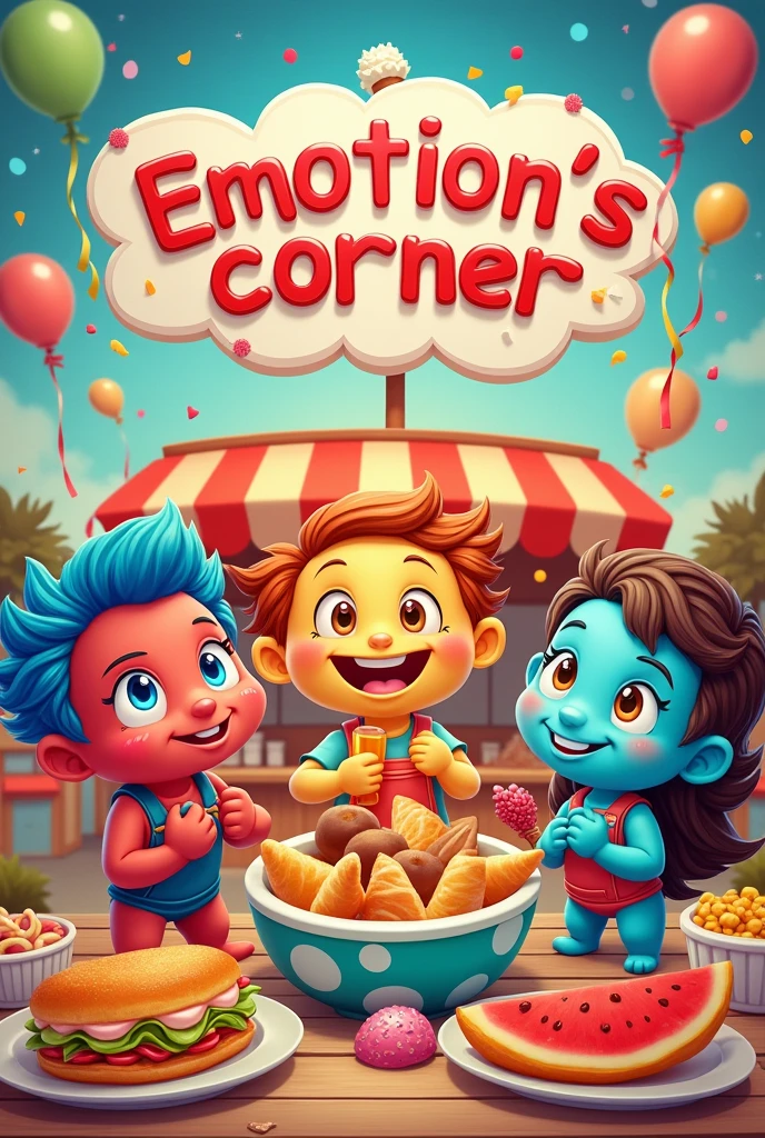 Inside Out 2 theme pubmat/poster with title "Emotion's Corner" with food for our school booth 