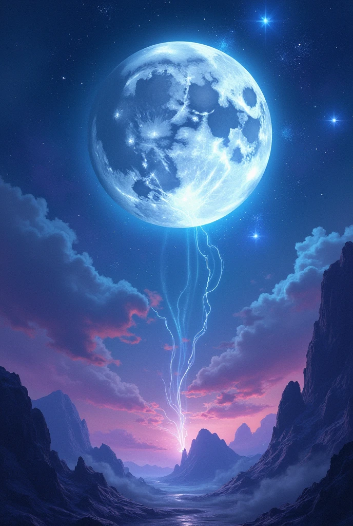The moon is surrounded by stars, twinkling stars and light trails. Surreal scene. Beautiful stunning composition. Subtle shadows and highlights. Deep blue and purple tones. Mysterious. Vibrant tones. Action painting. Highly detailed HD cinematic close-up. Magical fantasy. Gorgeous digital art.