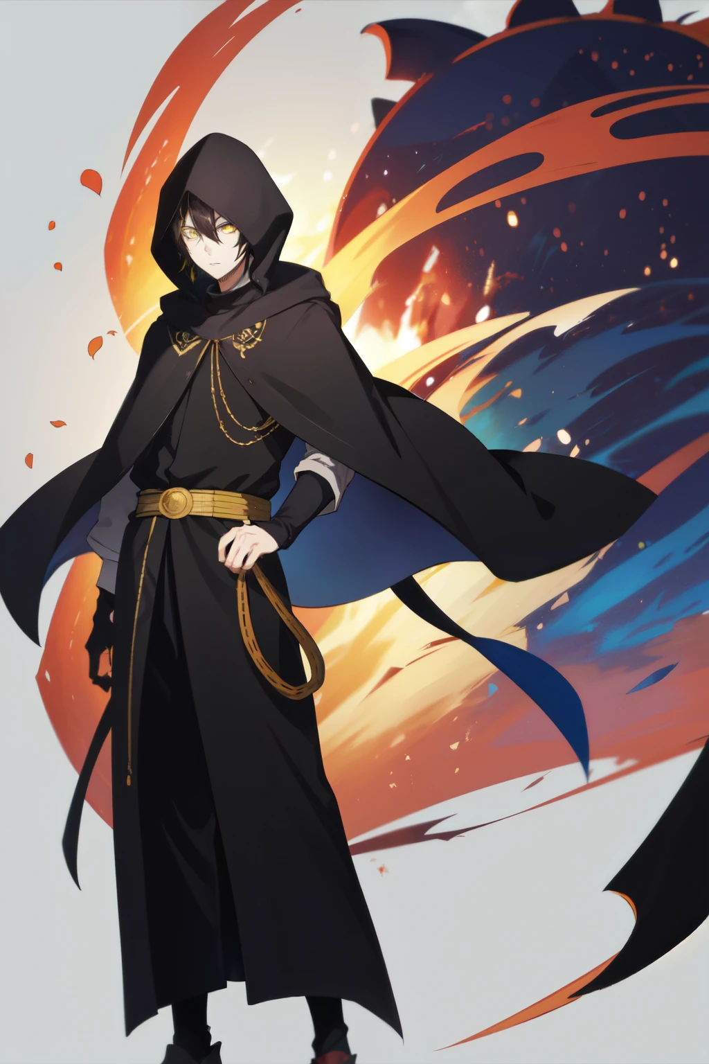 1boy, standing,solo,black hair, yellow eyes, short hair, hair between eyes Black monk uniform, black hood, black robe,, half body photo