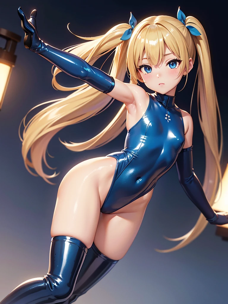 Photorealistic,8k,Highest quality,High resolution,,tailblue,(((Shiny blue high leg leotard))),Long blonde hair in twin tails,blue eyes,Knee-high boots,Front view