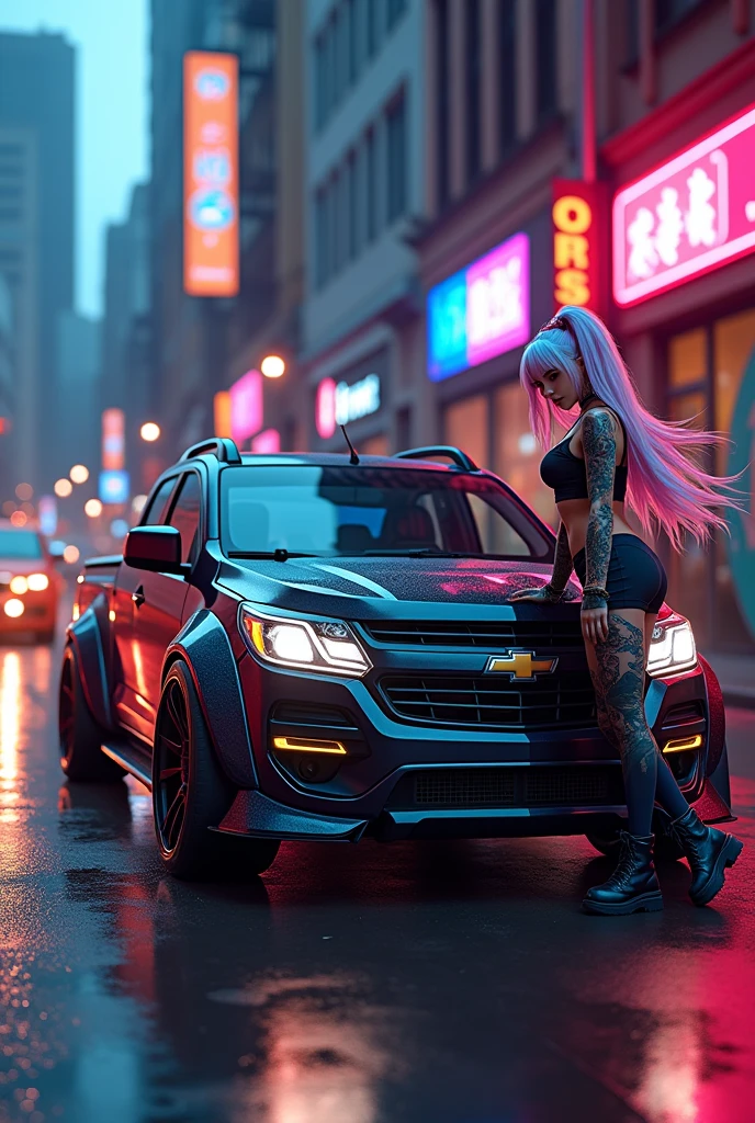 Chevrolet corsa pick up tuning truck with sexy anime woman painting offset rims