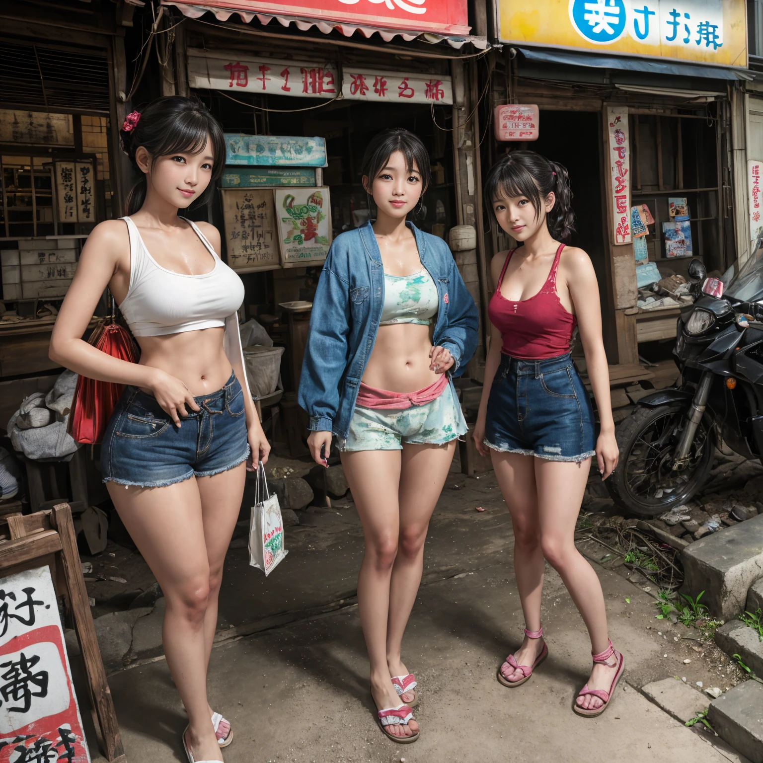 ((masterpiece、Highest quality))、Beautiful girls gather.、Three girls in summer clothes、(Showa Retro:1.2)、(Detailed and cute face:1.3)、(Poor conditions、Japan's poor neighborhoods、Dim and unsanitary、Standing Bar、みんなで楽しくdiet、Crumbling underground shopping mall)、屋台のdiet店、stage、sewage、Dirty shop、street vendors、Unsanitary and abandoned city、smile、diet、Poor person々