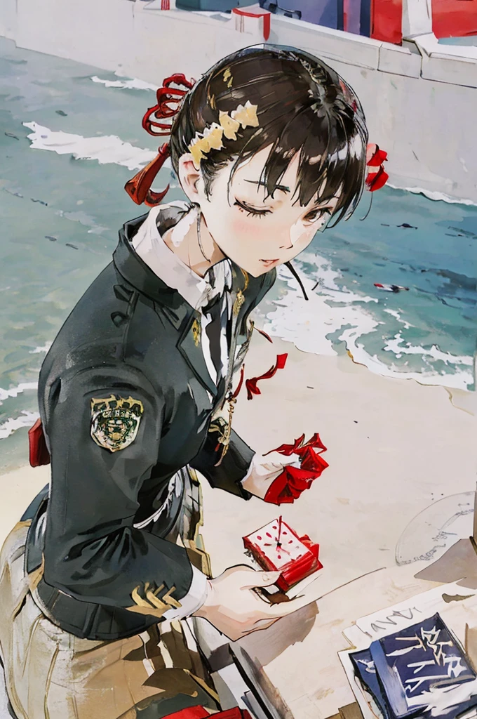 Ｔhere are two students in Japanese style uniform sit on a sunny beach, a male and a female, the male(one of them) is holding a birthday cake with birthday candles. the female(the another) is clasping her hands together and blowing out the birthday candles.