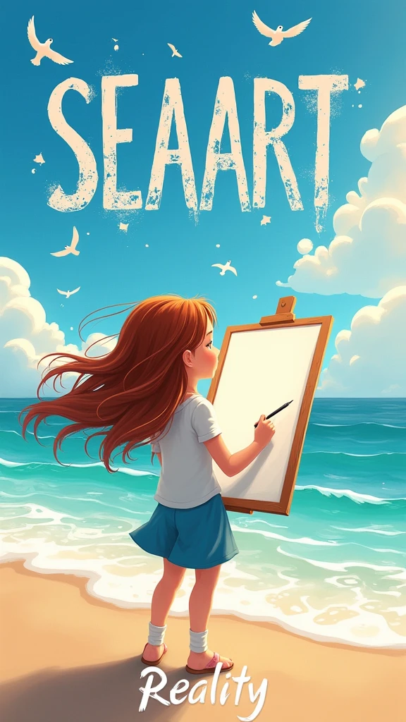 A poster,A girl holding a drawing board and drawing,at the seaside,Text writing SEAART,Reality