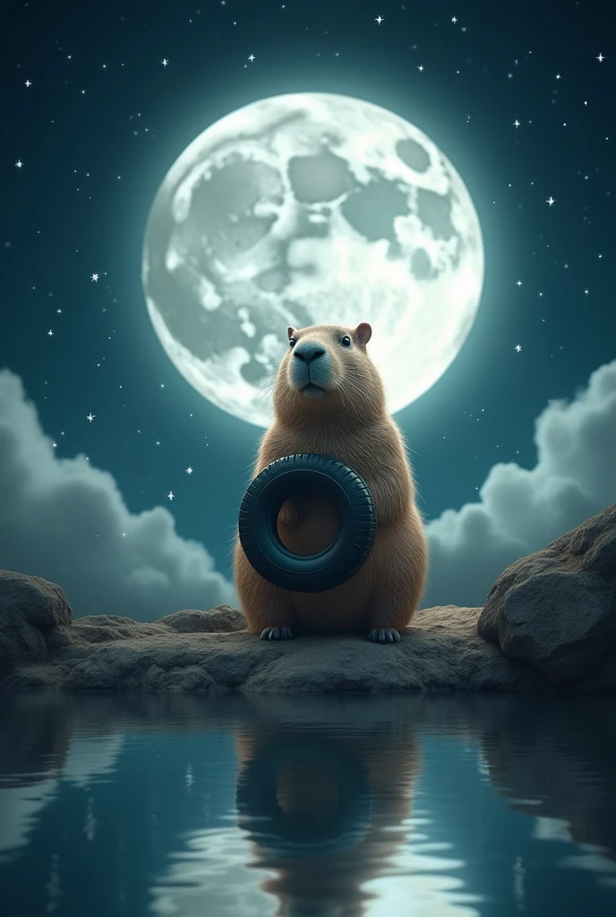 Make a capybara moon with a tire around its neck