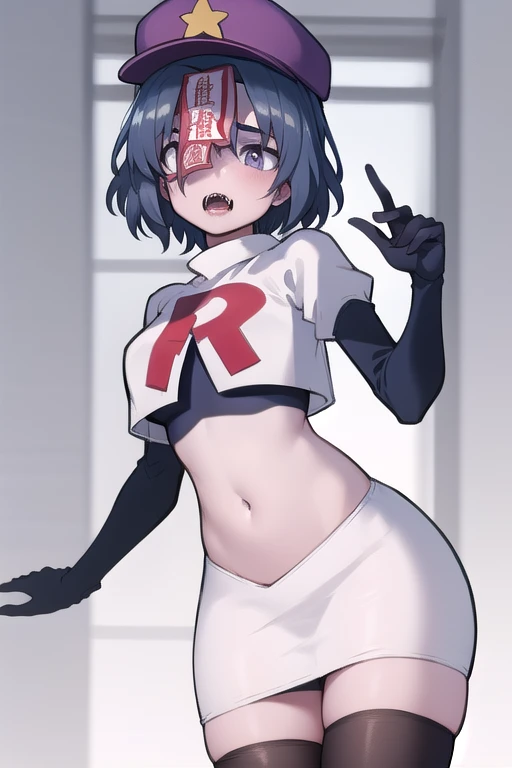 best quality, (masterpiece:1.2), illustration, absurdres,
(1girl), (solo), (beautiful detailed girl),
Miyako Yoshika, (blue skin, purple skin:1.1), dark blue hair, purple eyes, medium breasts, zombie, jiangshi, undead
blue hat with a yellow star, ofuda on forehead, fangs, looking at viewer,
team rocket,team rocket uniform,white skirt,red letter R,crop top,black thigh-highs,black elbow gloves, cowboy shot,