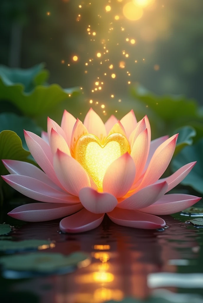 Open lotus flower with a human heart of light in the center