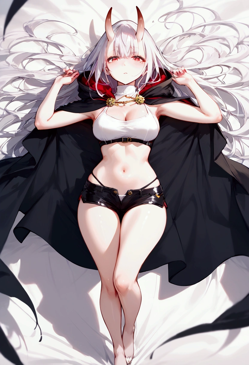 alice,vampire,grey hair, long hair, red eyes, pointy ears, small breasts,((bikini)),detailed face, detailed eyes, detailed hands, elf woman, full body
