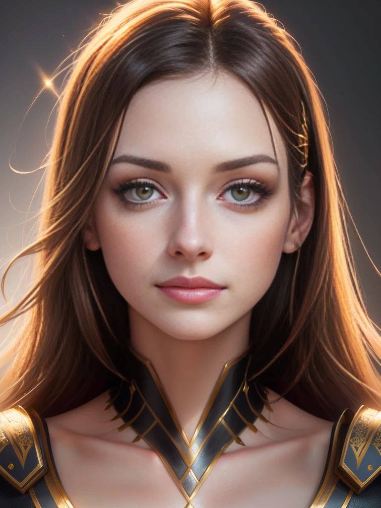 a beaut, closeup face, face illuminated by bright light, face full of confidence and concentration, The perfect female face, Деталь 8k, photo realistic style, sharp-focus, Professional lighting, colorful details, The painting is built according to the rule of the golden ratio, ANNE HATHAWAY