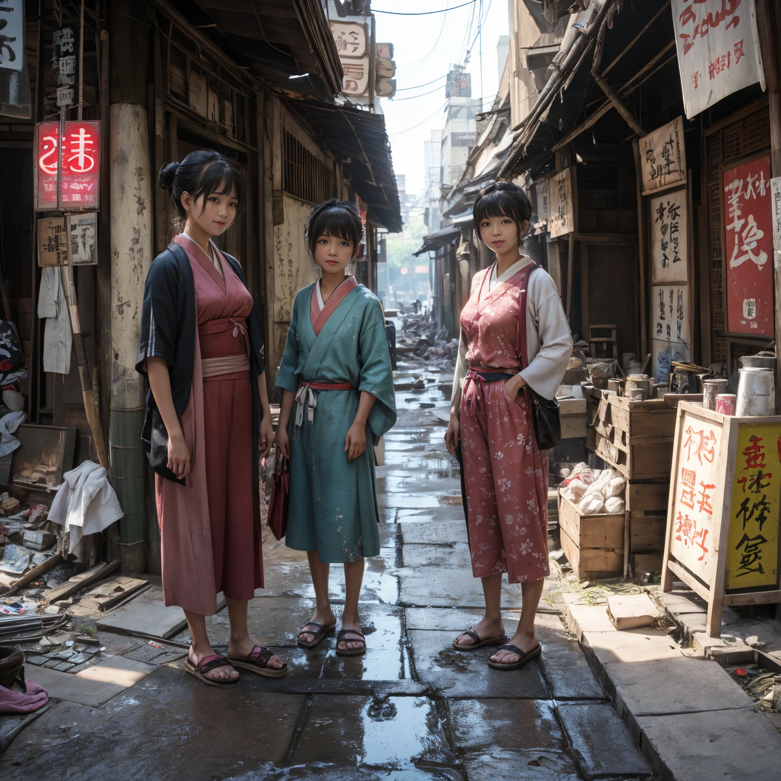 ((masterpiece、Highest quality))、Beautiful girls gather.、Three girls in summer clothes、(Showa Retro:1.2)、(Detailed and cute face:1.3)、(Poor conditions、Japan's poor neighborhoods、Dim and unsanitary、Standing Bar、みんなで楽しくdiet、Crumbling underground shopping mall)、屋台のdiet店、stage、sewage、Dirty shop、street vendors、Unsanitary and abandoned city、smile、diet、Poor person々