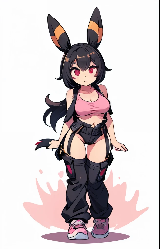 A woman wearing an open black leather jacket, Underneath she wears a pink sleeveless top that reaches below her breasts. He also wears black cargo pants with yellow suspenders hanging on the sides.. has a big butt, slim waist, red eyes, Umbreon ears and medium breasts.