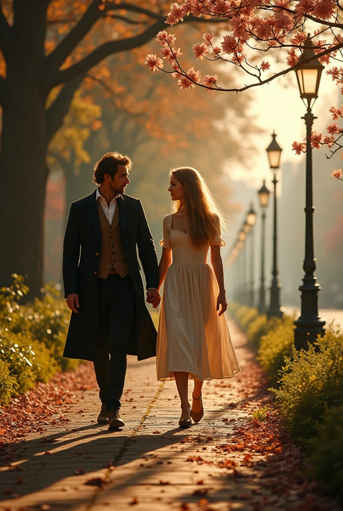 Jean Valjean and Cosette a young girl of -18 years olalking through the park in the 1800s Paris. They are father and daughter just walking side by side without holding hands. Cosette is blonde