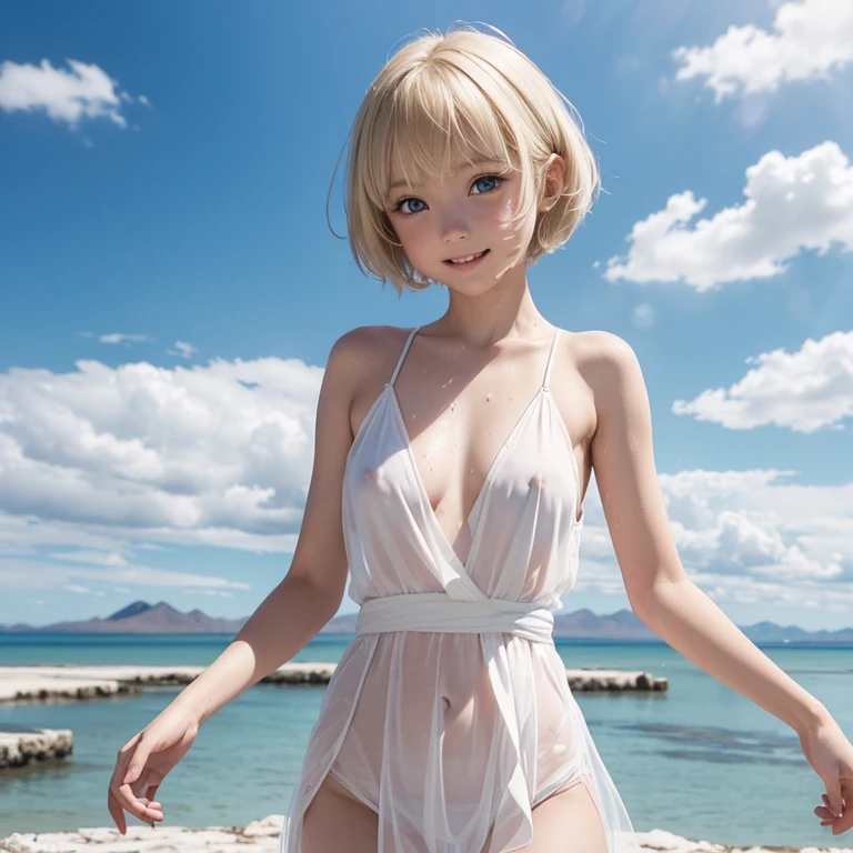 (Elementary school girl..Height is 120 cm.Beautiful white skin.Slim body.Hanging eyes.Blonde.Pixie Cut.Beautiful Blue Eyes.Tight waist.very small breasts.Beautiful areola.ふっくらとしたNipples.The skin is radiant and glowing).(A tight, see-through white dress.Not wearing underwear.Your clothes are wet.Nipples).(1 person.Uyuni salt lake.Are standing.Hands clasped behind back.Hair fluttering in the wind.My whole body is wet with water.Look at me and smile)Perfect Face.High resolution.It's dynamic