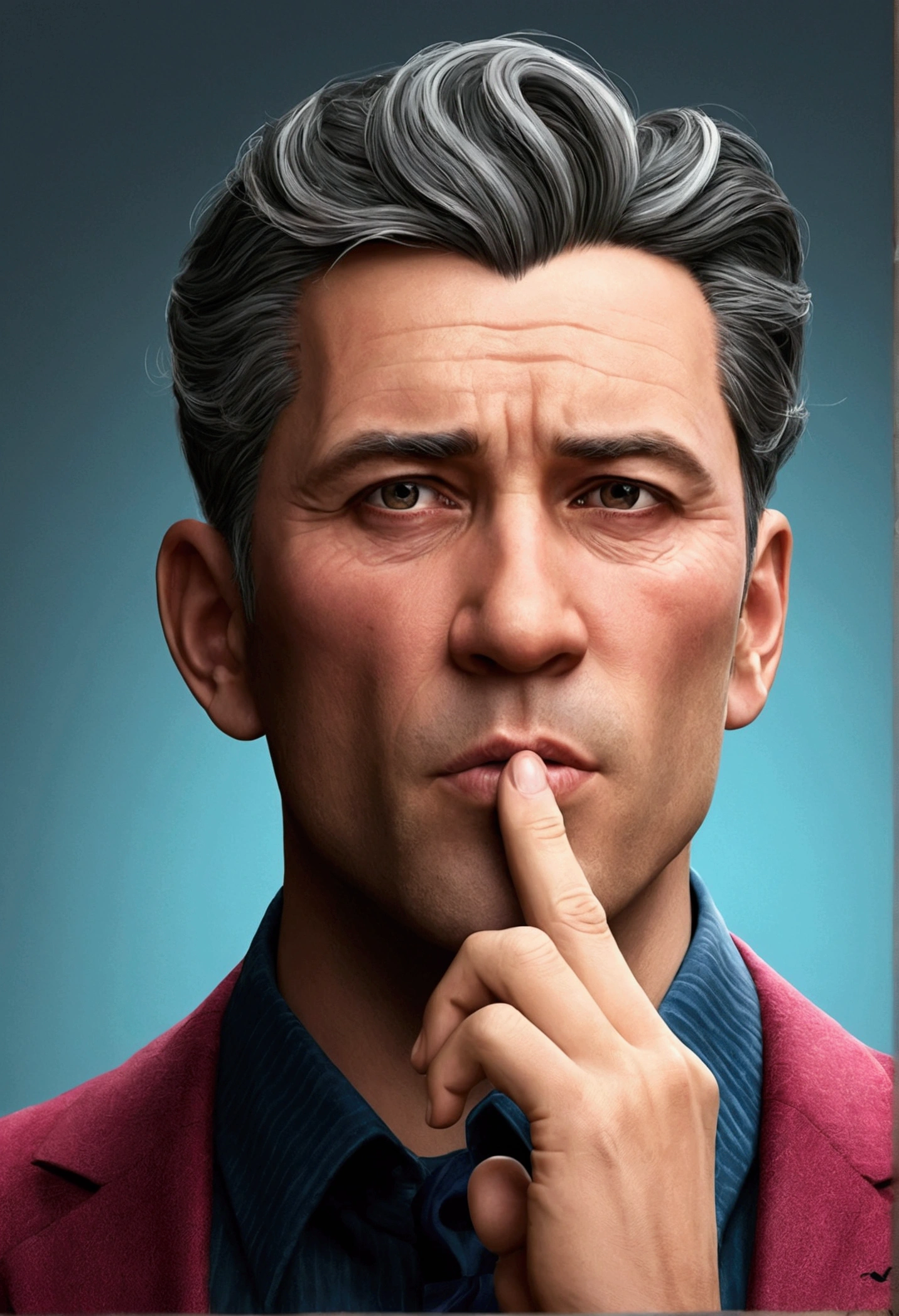 With a more realistic character with a little more humorous air thinking about something with his finger under his chin