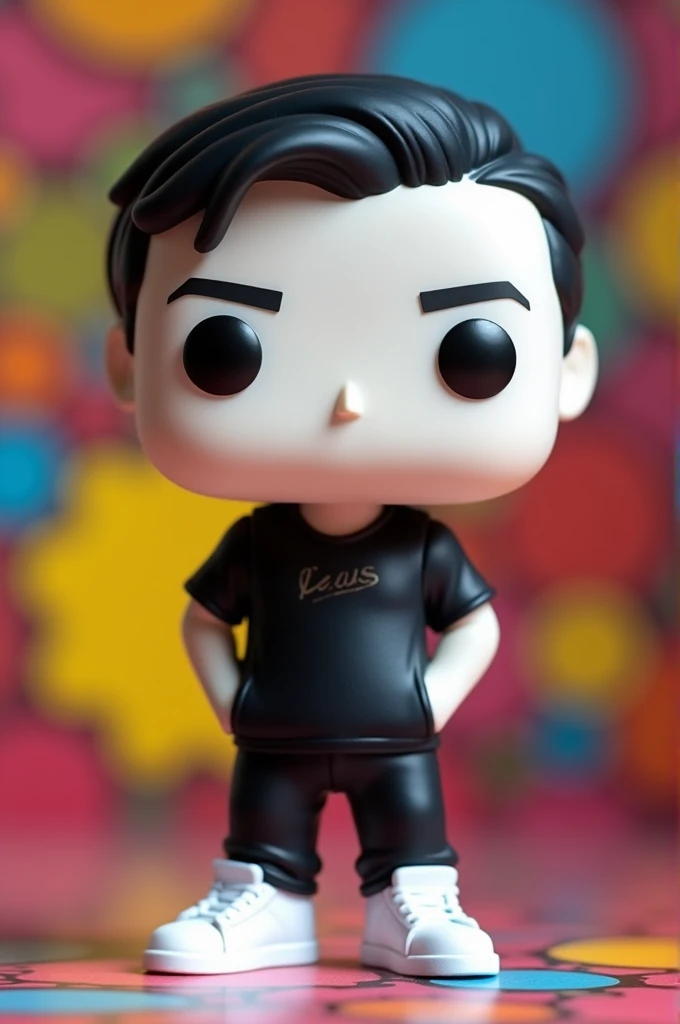 Funko pop of a human man with white skin, black short hair, black jersey, black pants and white sneakers. no tattoos