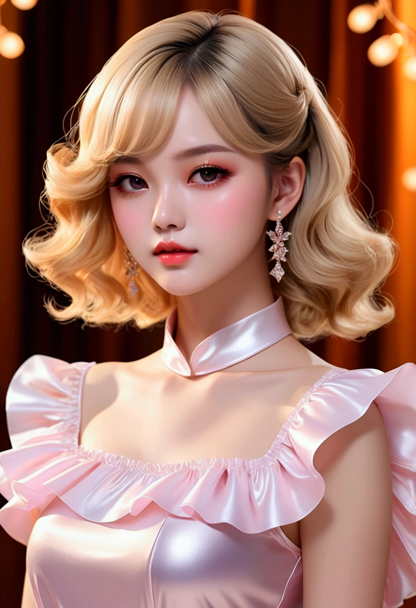 Realistic three-dimensional texture, vivid silhouette, (Shiny layered wide frill blouse, One-piece dress with puff short sleeves), A woman with a beautiful face, with glossy pale skin and hazel eyes._Orange color makeup, Glossy pink lips, soft starlight, Dance with a dreamy expression as if you are dreaming. (Parted bangs that flow down the forehead, Blonde long hair, Full head of hair, Shiny hair), Camera angle capturing the upper body above the hips, clear resolution, Clear picture quality, realistic atmosphere, Bright Themes, 초realistic atmosphere, (vivid silhouette, masterpiece, best quality), Blurry nature background.