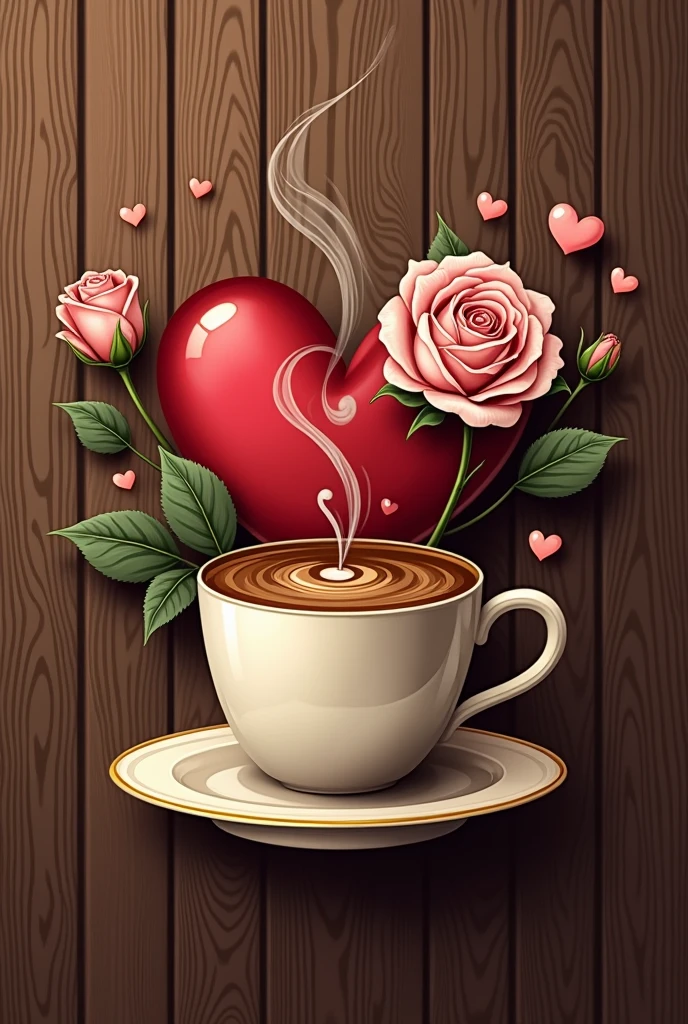 Logo for a coffee shop with a heart and a rose and a cup of coffee