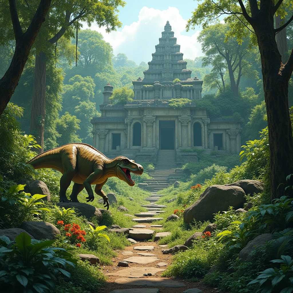 In a subtropical, low fantasy setting, chunks of debris from a long destroyed temple litter the ground. A dinosaur picks its way amidst the rubble.