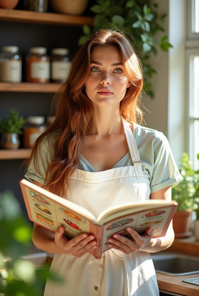 Beautiful woman holding recipe book