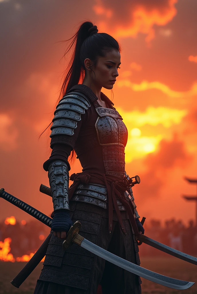 ((Japan Samurai for women),field of battle,dynamic pose,portrait of upper body、Longsword,armors,fiery sky,crazy details,details Intricate,high resolution,8k,((anatomically correcte)) sign in the background written : 36 photos