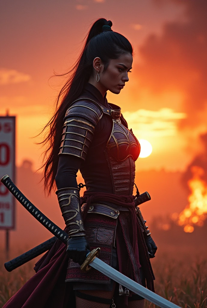 ((Japan Samurai for women),field of battle,dynamic pose,portrait of upper body、Longsword,armors,fiery sky,crazy details,details Intricate,high resolution,8k,((anatomically correcte)) sign in the background written : 36 photos