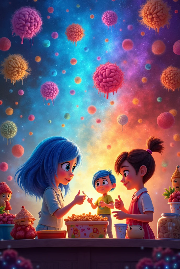 Inside Out 2 theme pubmat/poster with title "Emotion's Corner" with food for our school booth (try using the real characters of it)