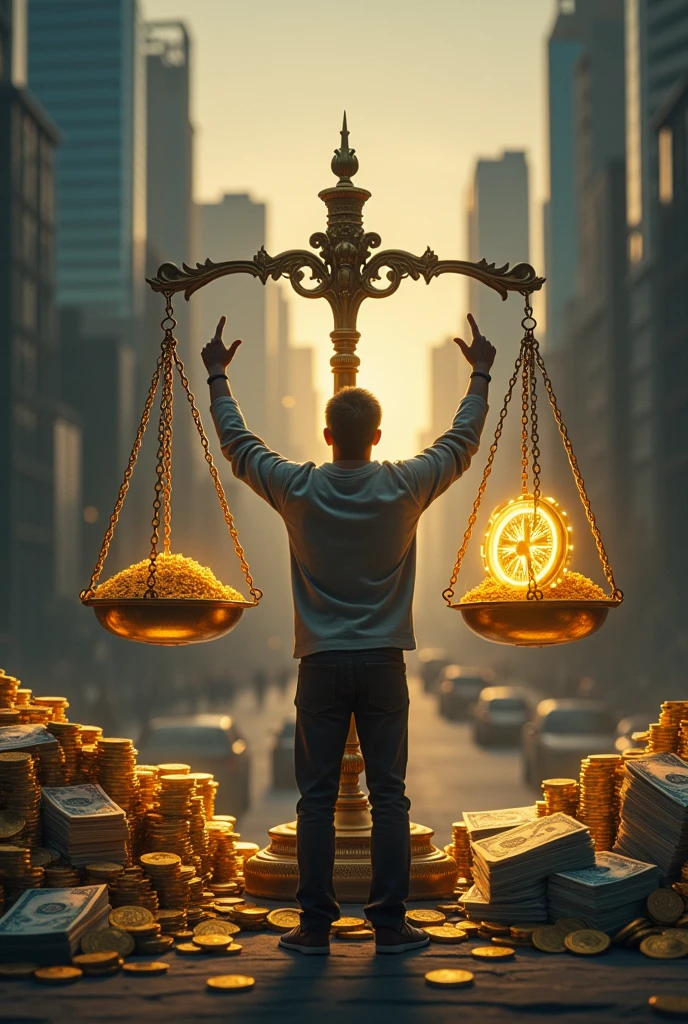 a content creator holding a scale with one side full of money and the other side with a symbol of ethics or truth could illustrate well the dilemma between profit and integrity in cultural production.