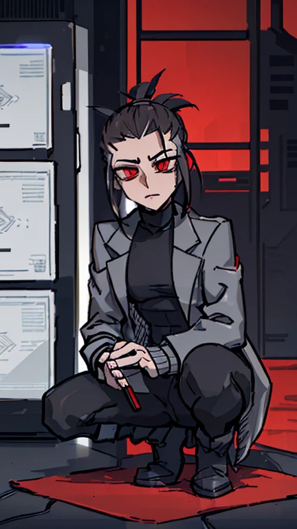 (detailed), (((normal guy))), (Arabic characteristics), ((gray wool jacket)), ((pelo negro rizado Ponytail hairstyle)), ((Ponytail hairstyle)), (calm face), ((by the width)), ((Brown boots)), (((whole body))), ((In a cyberpunk room)), ((male)), (gray turtleneck sweater), ((only one person)), (at night), terror, ((Bright red eyes)), In the dark, red robot hands