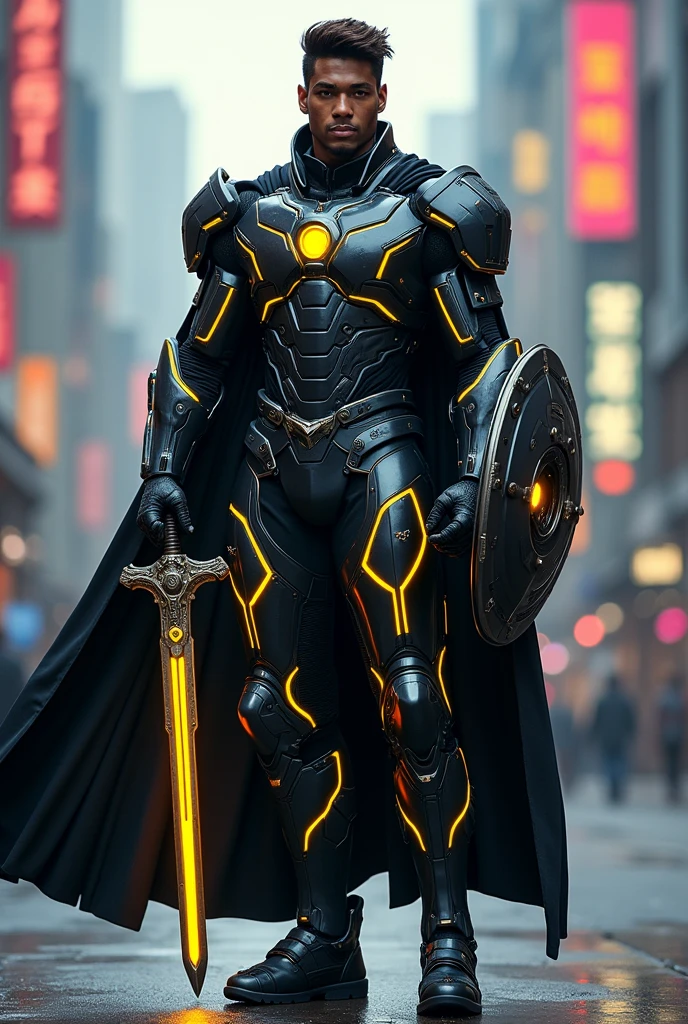 one  men, age 28, dark-skinned, of face with finer details, short wavy brown hair, with a futuristic aesthetic. The character must wear a black and dark gray armored suit, with bright yellow lines running through the suit, giving it a high-tech look. The costume includes a detailed chest plate, armored gauntlets and reinforced boots. A long black cape flows behind the character, carrying a futuristic weapon, like a shining sword, and a shield in the other hand