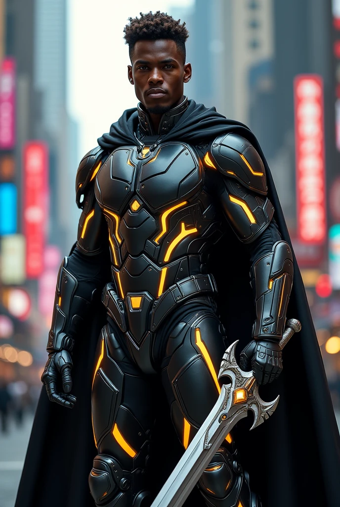 one  men, age 28, dark-skinned, of face with finer details, short wavy brown hair, with a futuristic aesthetic. The character must wear a black and dark gray armored suit, with bright yellow lines running through the suit, giving it a high-tech look. The costume includes a detailed chest plate, armored gauntlets and reinforced boots. A long black cape flows behind the character, carrying a futuristic weapon, like a shining sword, and a shield in the other hand