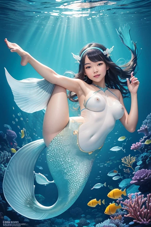 A sexy 13-yr Asian girl is illuminating(( wearing a fish head band))(( wearing transparent  mermaids costume sexy full body detail anatomy figure)), wearing transparent one piece scally detailed on skin, wearing scally fish like skin texture body, lifting up plump pussy , wavy blue short hairstyles from the flow water, ((having fish tails instead of toes))( fish fins ears))(scally fish arms, torso, bottom, face, neck, shoulder & legs))((showing feets near camera)) (accurate details of hands & fingers)) hard big errect nipples, open legs splitting position,exposed pussy line, exposed panties, exposed pussyline, smiling with teeth exposed. Sparkling gray eyes, charms, face details & fucos skin texture colored blue, swimming under the ocean showing corals, urchins, fish, turtle, whale, bubbles of air for accurate background masterpiece ((with illuminating full prarlgemstone illuminating fish like scales skin textured all over her body)) ((with gills)) swimming with ocean current waves under the sea,( many different perspective view character profile  , front view, side view, rear view, of same face & clothing girls posing deferent angle))(( perfect details of mermaid body and tail fin anantomy))