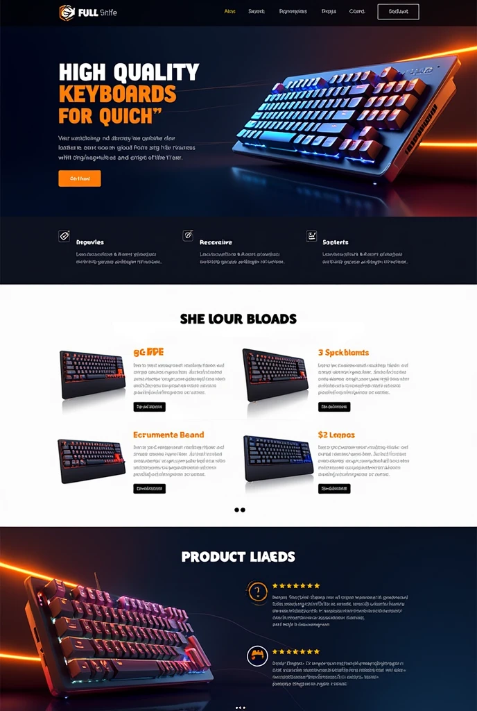 landing page Design.UX/UI [image File]

Design a Compelling landing page for a lead generation campaign, featuring persuasive copy and user-friendly from to the capture leads interested in our [insert product/service].
Product sales landing page, about keyboards, beautiful keyboard images, keyboard topics, text that attracts visitors to buy products, product prices, product descriptions, various brands of products, function buttons on the home product about us website, and reviews from buyers as product service ratings, shopping channels, dark website styles such as white and orange, [appropriate and beautiful website elements], [professional marketing analysis], [make a responsive website suitable for mobile screens and tablets], [by separating responsive websites into 3 types: computer monitors, handheld and tablets]