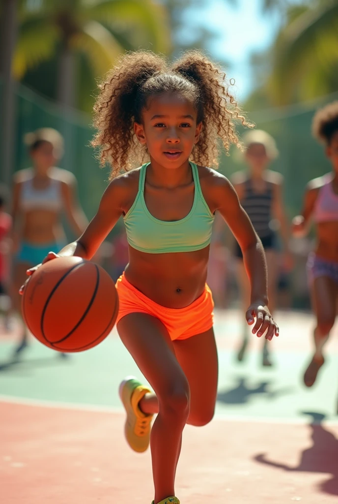A girl playing basket ball with underwear