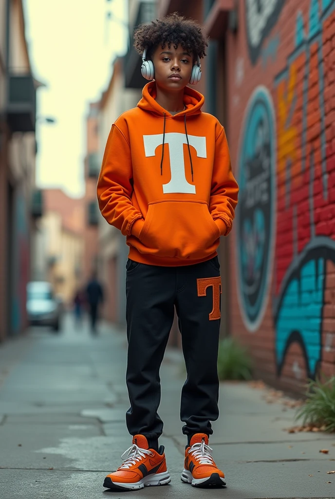 I want an orange logo with the T highlighted on an outfit, a headset, I want shoes that are pretty but not too flashy.