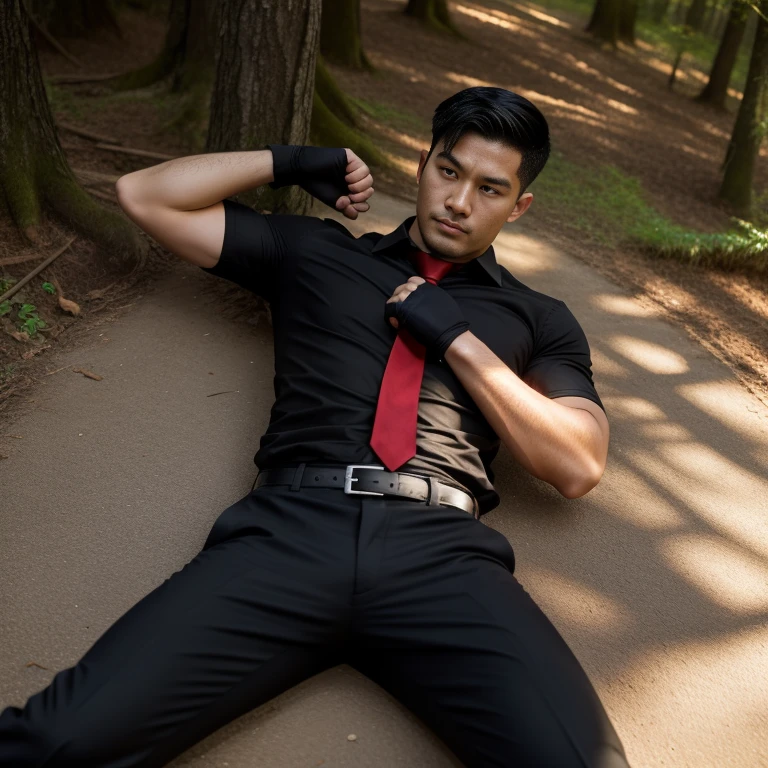 33 years old,One Man,、Black Shirt、Red tie、Black gloves、Forest、Lying on your back on the ground、Get punched in the stomach logic, ,Black Hair、Very short hair、undercut、Handsome fighter Asian Face Stubble、The crotch area of your trousers is bulging Seen from below knock down