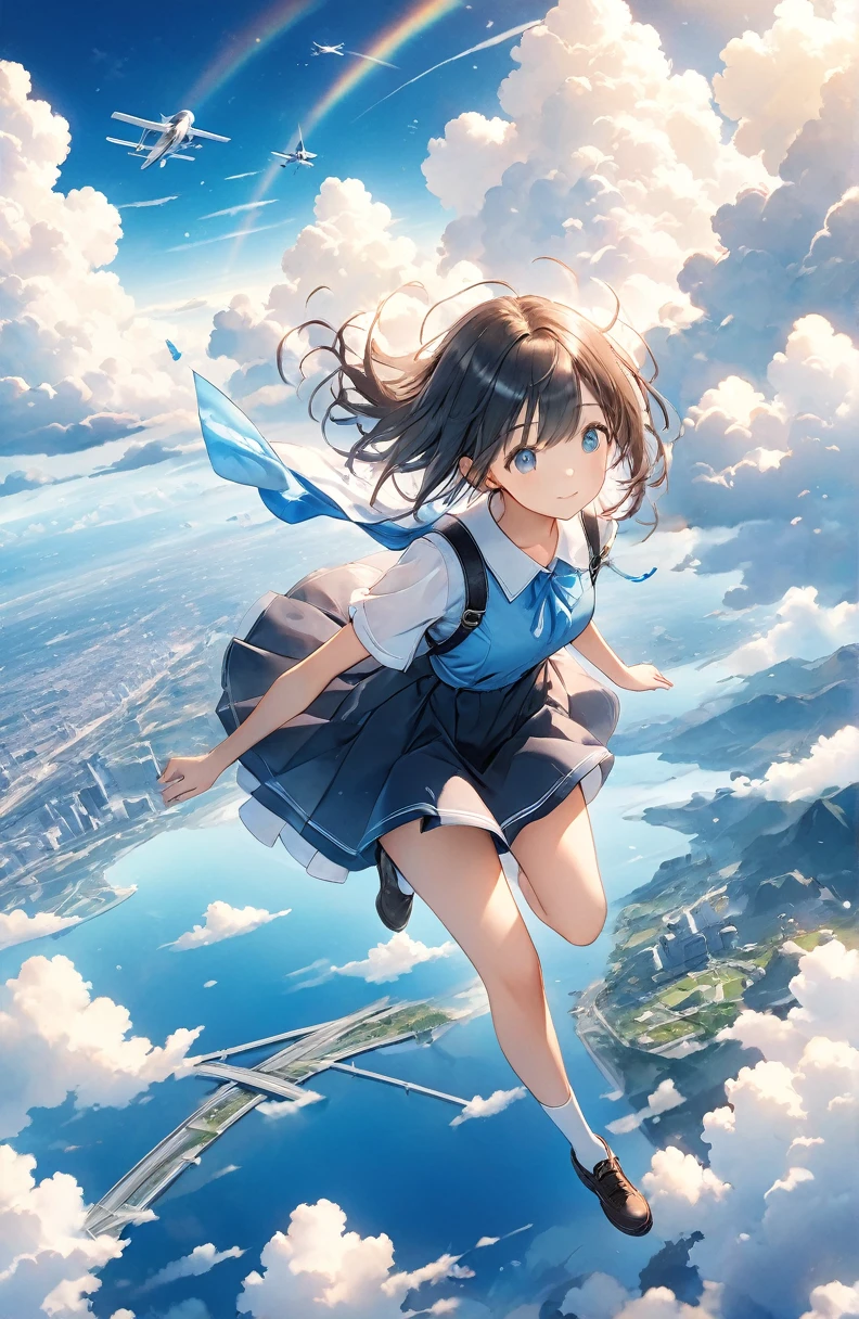 One beautiful girl、Mystical feeling、cute１７Year old girl、Skywalk、See the cityscape from the sky、Flying in the sky、超High resolution, High resolution, 4K, 8k,close,、Girl in the sky、Blue sky and blue world、 work in deep blue sky,Cumulonimbus、Ride on the clouds