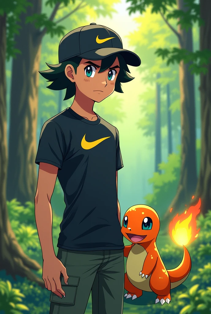 a pokemon trainer with a black cap and a nike shirt
and official pokemon art  with good quality and the setting in a forest and next to it a charmander pokemon red and blue oficial 