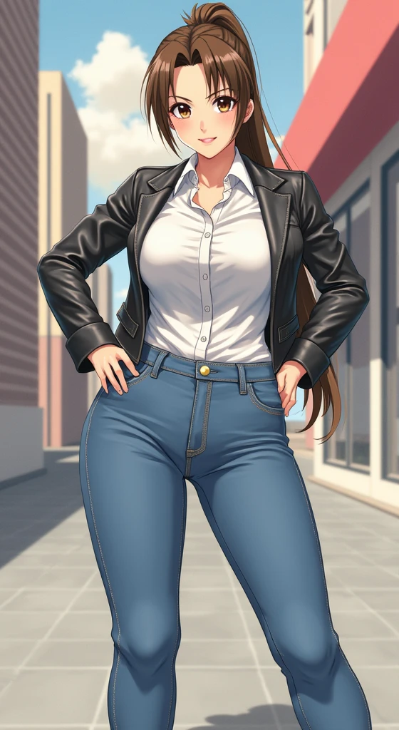 (Masterpice: 1.1), ((very detailed face)), ((very detailed eyes and face)), beautiful detail eyes, body parts__, super detailed, (best quality: 1.1), super fine photo, (realistic, photorealistic : 1.2), full body portrait, 1girl, long hair, breasts, looking_at_viewer, smile, open_mouth, bangs, large_breasts, brown_hair, shirt, brown_eyes, standing, collarbone, jacket, white_shirt, ponytail, thighs, outdoors, open_clothes, sky, solo_focus, day, shiny, pants, cloud, open_jacket, blue_sky, black jacket, parted_bangs, high_ponytail, denim, building, hands_on_hips, jeans, blue_pants, leather, leather_jacket, shiranui mai