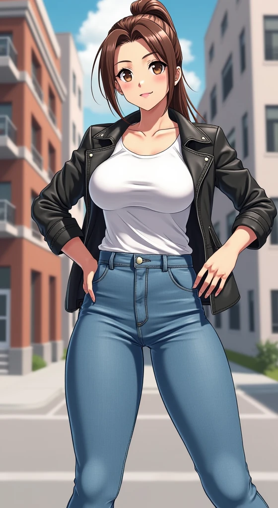 (Masterpice: 1.1), ((very detailed face)), ((very detailed eyes and face)), beautiful detail eyes, body parts__, super detailed, (best quality: 1.1), super fine photo, (realistic, photorealistic : 1.2), full body portrait, 1girl, long hair, breasts, looking_at_viewer, smile, open_mouth, bangs, large_breasts, brown_hair, shirt, brown_eyes, standing, collarbone, jacket, white_shirt, ponytail, thighs, outdoors, open_clothes, sky, solo_focus, day, shiny, pants, cloud, open_jacket, blue_sky, black jacket, parted_bangs, high_ponytail, denim, building, hands_on_hips, jeans, blue_pants, leather, leather_jacket, shiranui mai