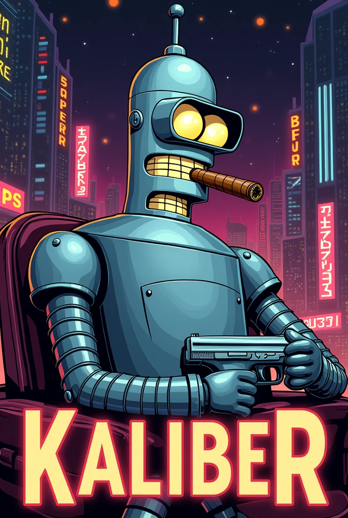 Bender from futurama smoking a cigar with a pistol with the word “Kaliber” higher at the bottom
