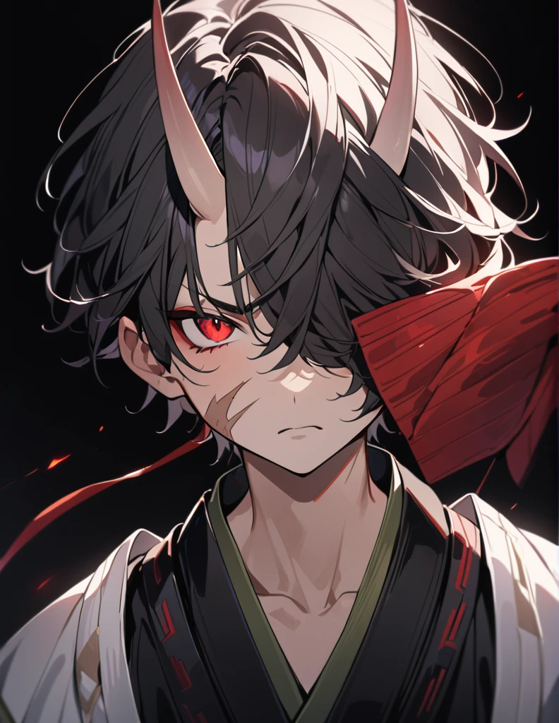 ((BLACK BACKGROUND:1.5)), masterpiece, best quality, ultra detailed, exquisite, beautiful, highres, abyss, ((1 boy)), shota, oni, Angry, looking at viewer, men's short hair, hair covering eyes, black hair, red eyes, japanese clothes, with a scar, with horns, 13-year-old, outside, upper body, ((headshot))