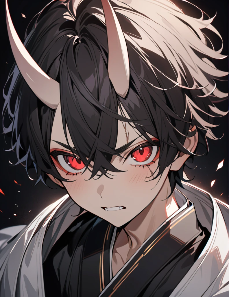 ((BLACK BACKGROUND:1.5)), masterpiece, best quality, ultra detailed, exquisite, beautiful, highres, abyss, ((1 boy)), shota, oni, Angry, looking at viewer, men's short hair, hair covering eyes, black hair, red eyes, japanese clothes, with a scar, with horns, 13-year-old, outside, upper body, ((headshot))