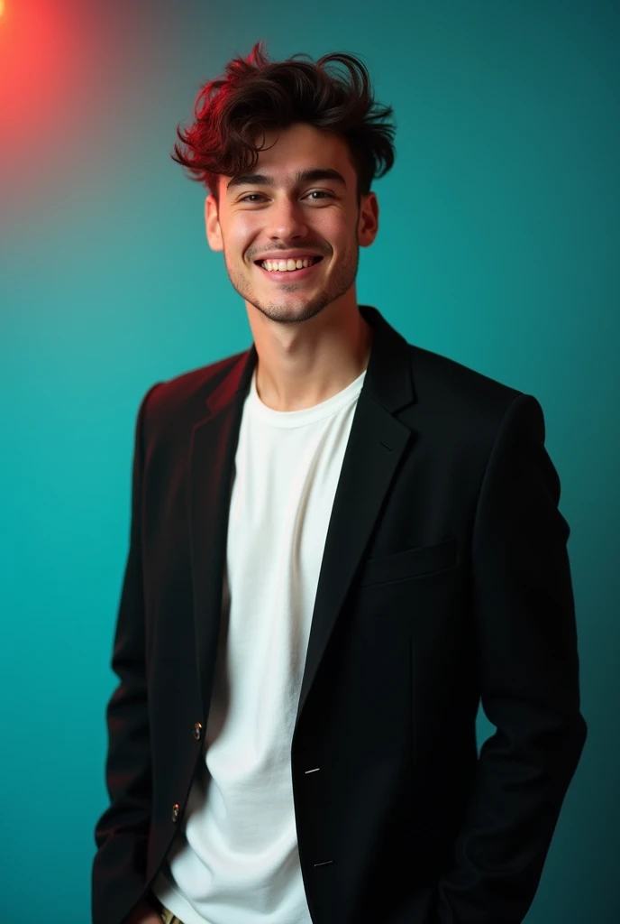 A young man with dark hair and a confident smile.
He is dressed in a black blazer over a white shift.
The man is positioned against aqua colour backarep with a subtle red lighting on the left side. and he posing for Linkedin profile