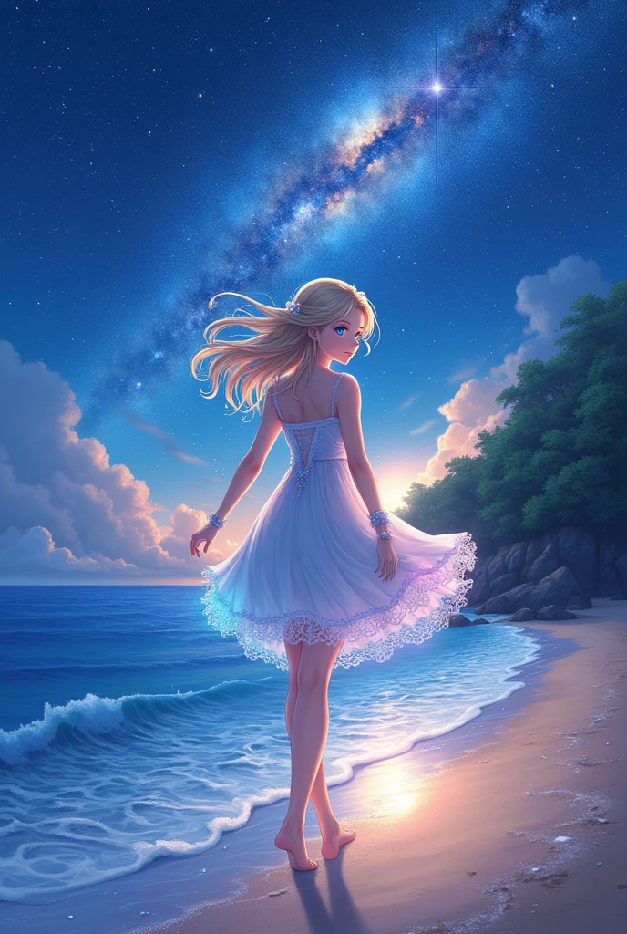 (masterpiece、Highest quality、8k、High resolution)、(The best beautiful girl)、Best Style、(The most beautiful face)、Clear skin、Clean blue eyes、Beautiful lips、Beautiful nose、Blonde Hair、Ample breasts、Walking on the sand、look back、Ocean、You can see the forest、A bright night with stars visible、Beautiful starry sky、milky way、(体whole bodyから神秘的な光の粒子、Colorful Light)、(jewelry、necklace)、dress、(whole body)、Highly detailed anime art、A complete portrayal、