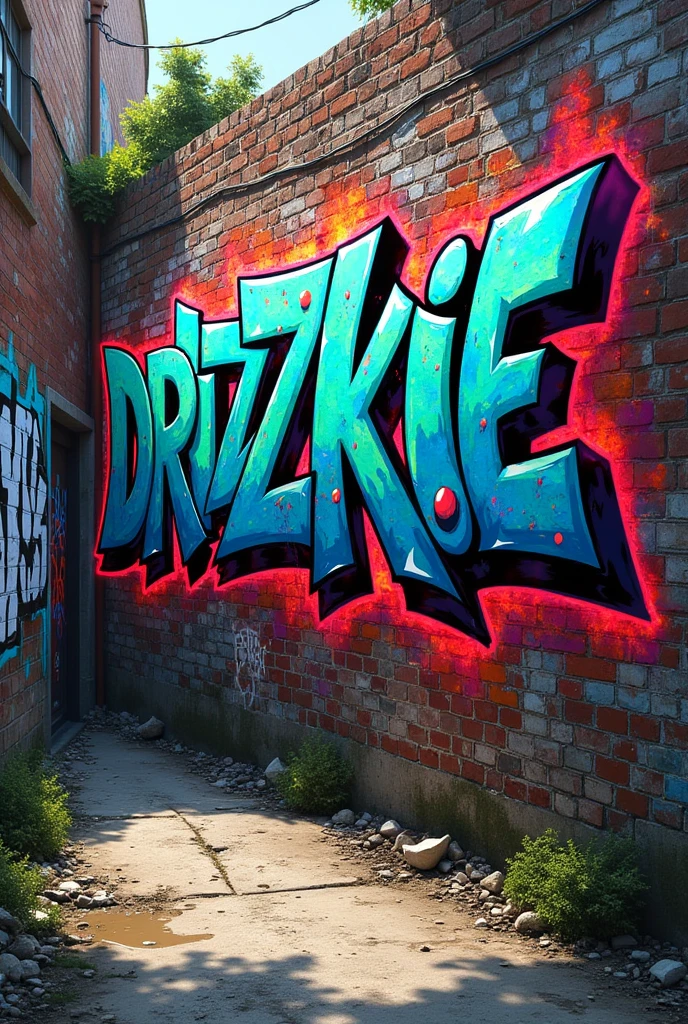 Graffiti with the name "DRIZZTKIE" in the style of a wild style piece